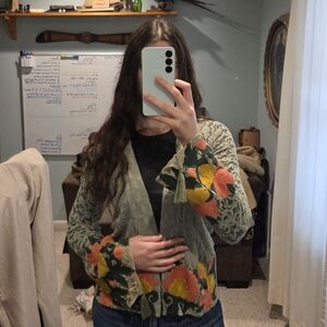 Floral Patterned Light Blue Lace Cardigan with Bell Sleeves